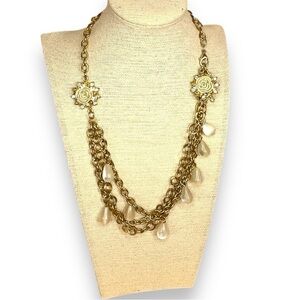 GOLD CHAIN ROSE FLORAL FAUX PEARL NECKLACE GLAM RETRO EVENT PARTY FORMAL WEDDING
